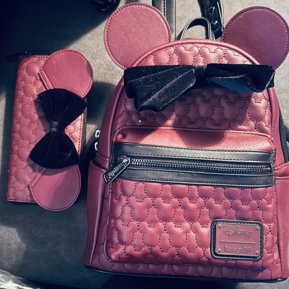 Loungefly Quilted Backpack and Pouch Set - Burgundy and Black